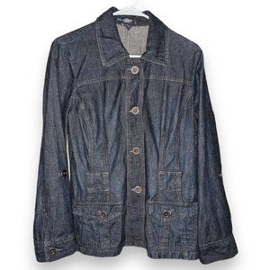 French Cuff Convertible Sleeve Fitted Blue Lightweight Denim Jacket Women size M